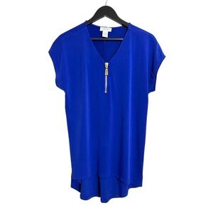 Carmen Marc Valvo Blue V-Neck Zip High Low Top Size Large Businesscore Office